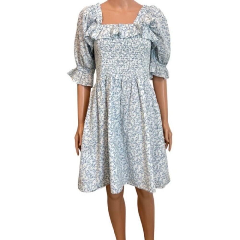 WAYF 1X Tonya puff sleeve square neck floral smocked dress D3 3534